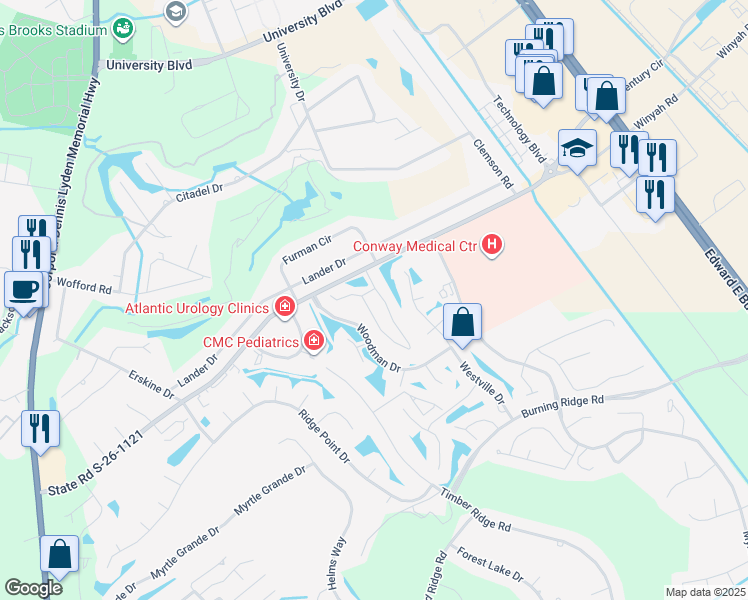 map of restaurants, bars, coffee shops, grocery stores, and more near 380K Myrtle Greens Drive in Conway