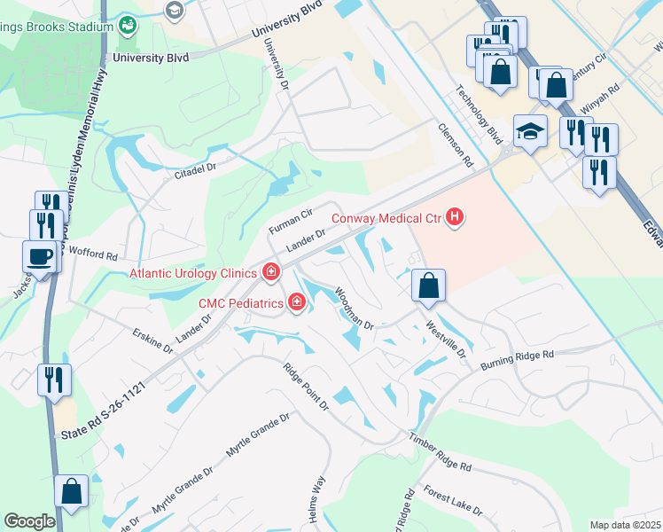 map of restaurants, bars, coffee shops, grocery stores, and more near 672 Woodman Drive in Conway