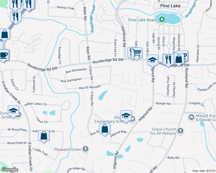 map of restaurants, bars, coffee shops, grocery stores, and more near 4225 Rue Saint Germain in Stone Mountain