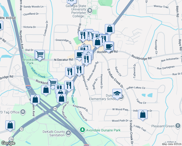 map of restaurants, bars, coffee shops, grocery stores, and more near 3823 Bretton Woods Road in Decatur