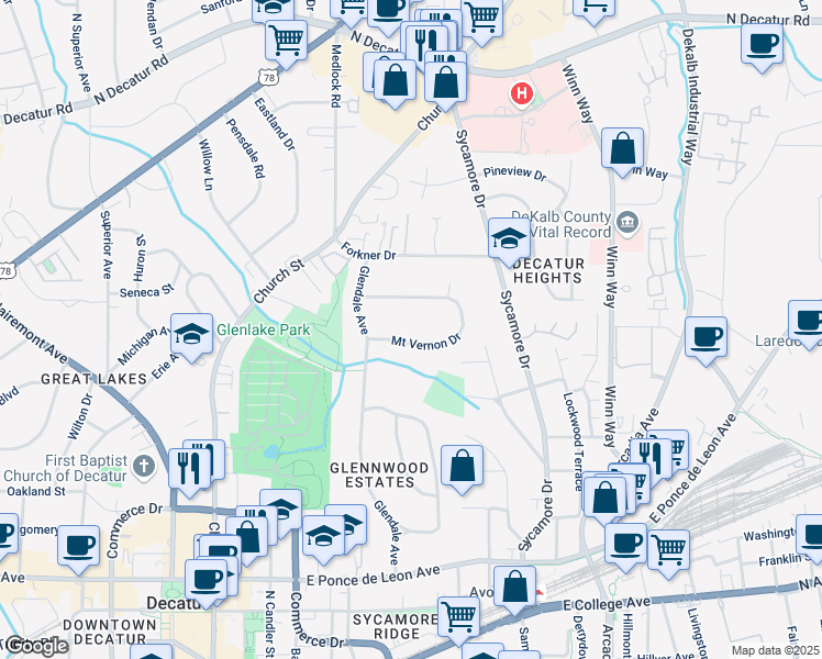 map of restaurants, bars, coffee shops, grocery stores, and more near 132 Mount Vernon Drive in Decatur