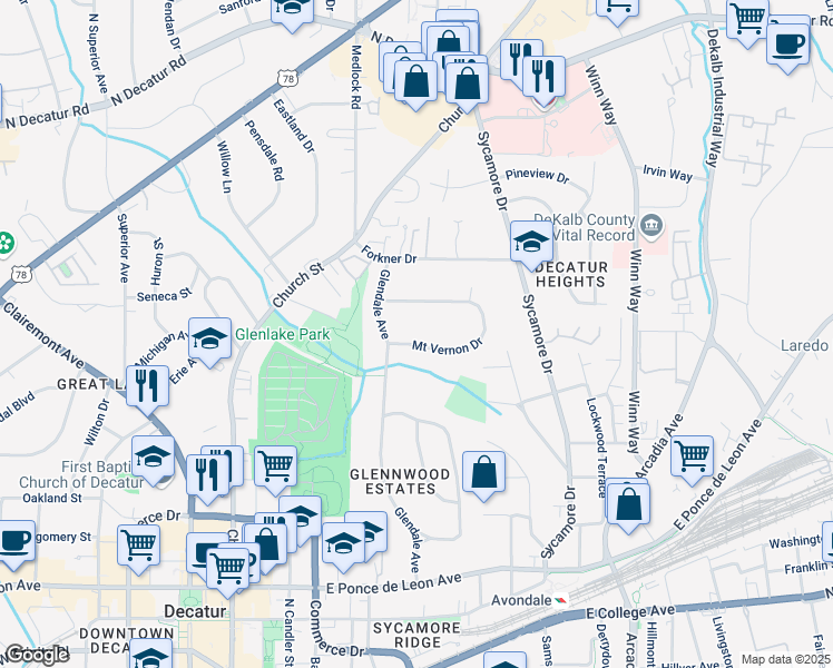 map of restaurants, bars, coffee shops, grocery stores, and more near 120 Mount Vernon Drive in Decatur