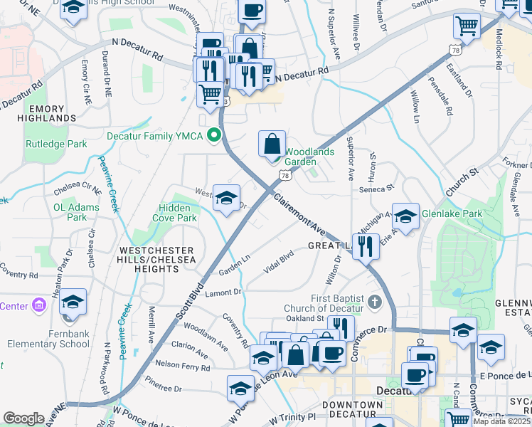 map of restaurants, bars, coffee shops, grocery stores, and more near 107 Ridley Howard Court in Decatur
