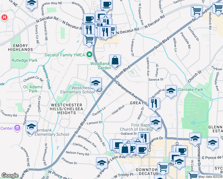 map of restaurants, bars, coffee shops, grocery stores, and more near 767 Scott Boulevard in Decatur