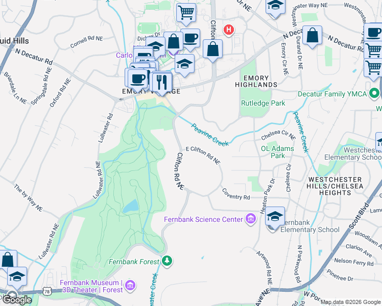 map of restaurants, bars, coffee shops, grocery stores, and more near 1790 East Clifton Road Northeast in Atlanta