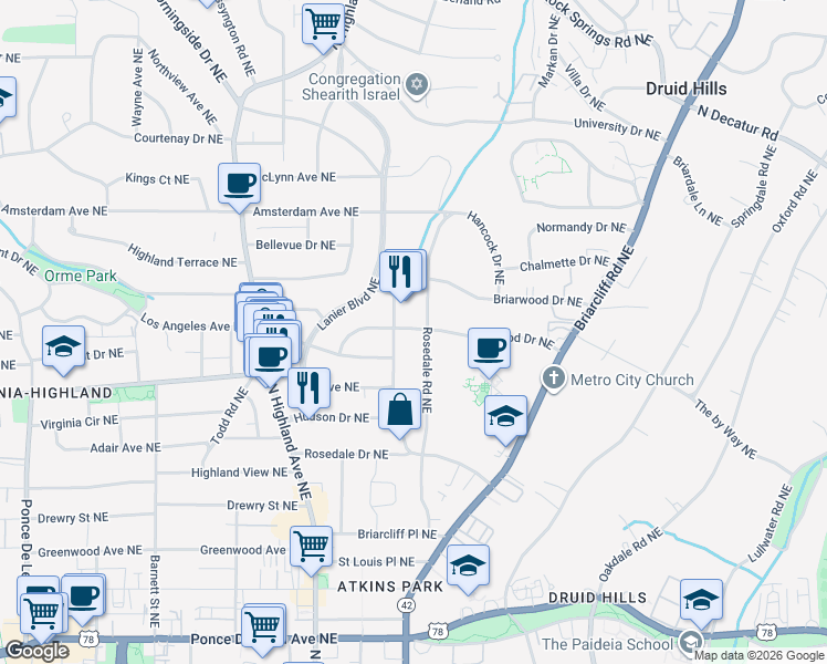 map of restaurants, bars, coffee shops, grocery stores, and more near 1039 Rosedale Road Northeast in Atlanta