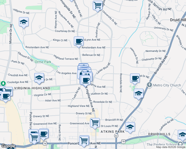 map of restaurants, bars, coffee shops, grocery stores, and more near 1037 Lanier Boulevard Northeast in Atlanta