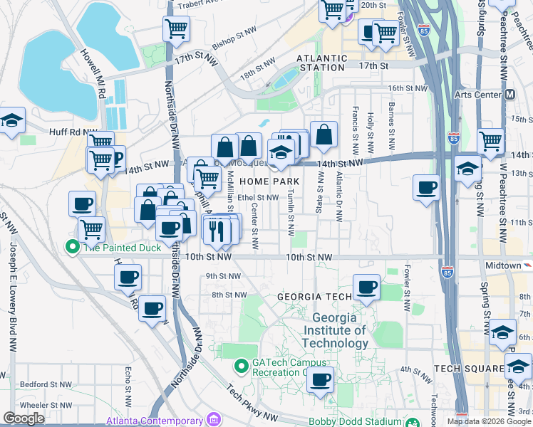 map of restaurants, bars, coffee shops, grocery stores, and more near 453 Calhoun Street Northwest in Atlanta