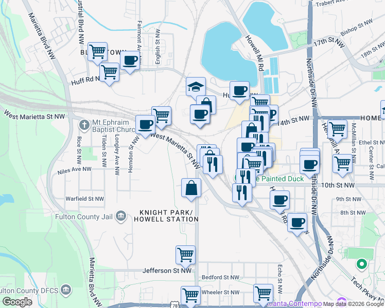 map of restaurants, bars, coffee shops, grocery stores, and more near 949 West Marietta Street Northwest in Atlanta