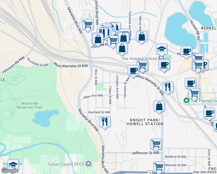 map of restaurants, bars, coffee shops, grocery stores, and more near 1187 Niles Avenue Northwest in Atlanta