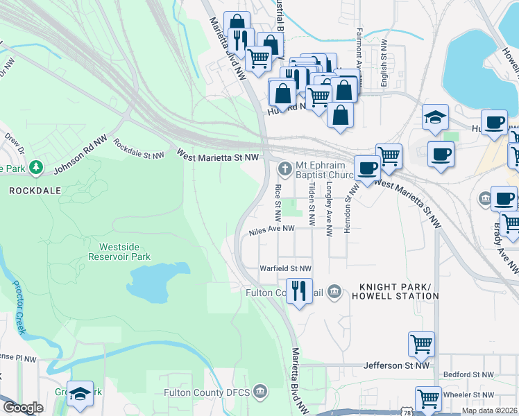 map of restaurants, bars, coffee shops, grocery stores, and more near in Atlanta