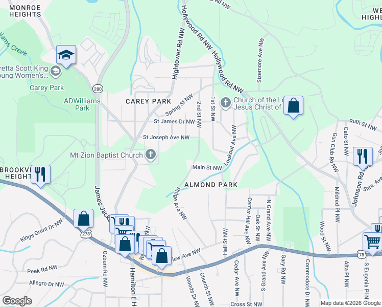 map of restaurants, bars, coffee shops, grocery stores, and more near 165 Ridge Avenue Northwest in Atlanta