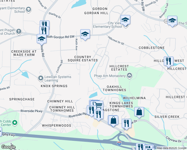 map of restaurants, bars, coffee shops, grocery stores, and more near 7036 Shenandoah Trail in Austell