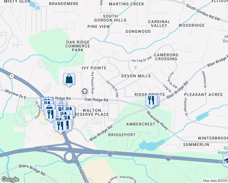 map of restaurants, bars, coffee shops, grocery stores, and more near 6615 Ivy Log Drive Southwest in Austell
