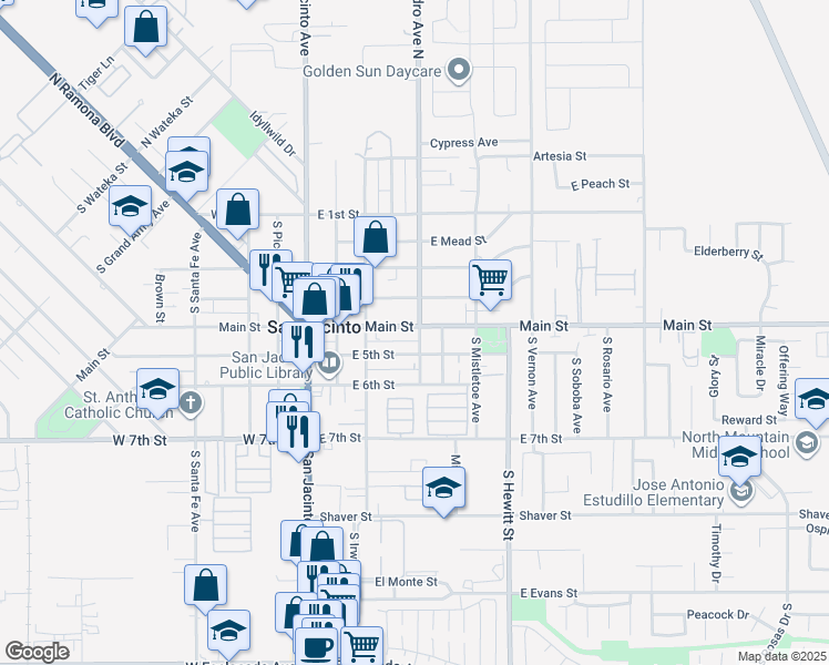 map of restaurants, bars, coffee shops, grocery stores, and more near 392 East Main Street in San Jacinto