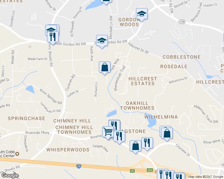 map of restaurants, bars, coffee shops, grocery stores, and more near 7036 Shenandoah Trail in Austell