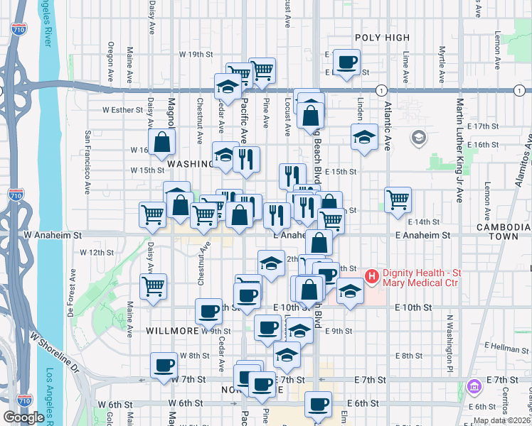 map of restaurants, bars, coffee shops, grocery stores, and more near 2 East 14th Street in Long Beach