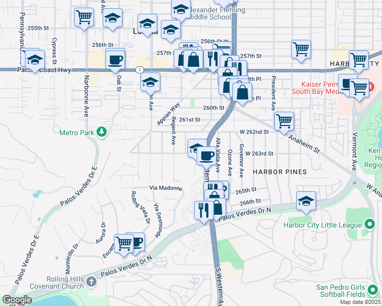 map of restaurants, bars, coffee shops, grocery stores, and more near 263rd Street in Lomita