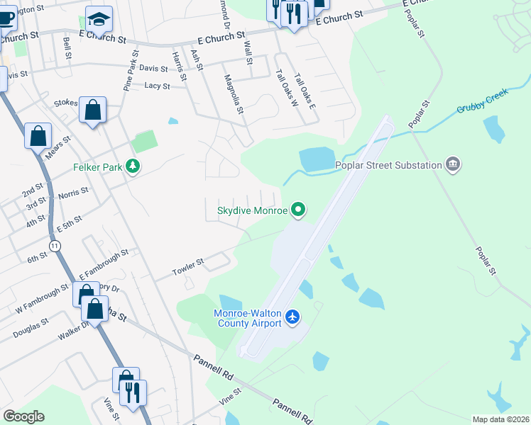 map of restaurants, bars, coffee shops, grocery stores, and more near 1026 Wheel House Lane in Monroe