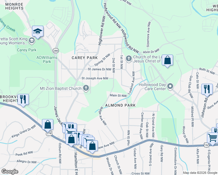 map of restaurants, bars, coffee shops, grocery stores, and more near 1069 3rd Street Northwest in Atlanta