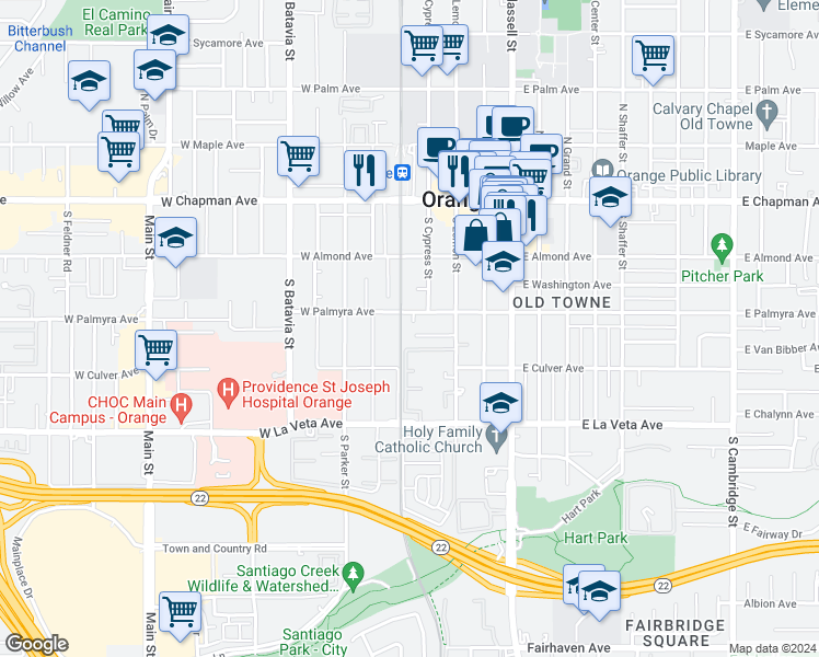 map of restaurants, bars, coffee shops, grocery stores, and more near 429 West Kelly Avenue in Orange