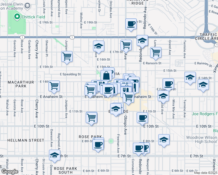 map of restaurants, bars, coffee shops, grocery stores, and more near 3001 East Anaheim Street in Long Beach