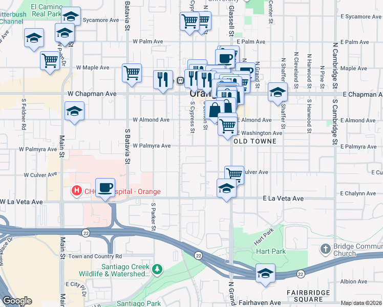 map of restaurants, bars, coffee shops, grocery stores, and more near 403 West Kelly Avenue in Orange