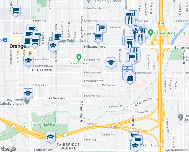 map of restaurants, bars, coffee shops, grocery stores, and more near 1136 East Van Bibber Avenue in Orange