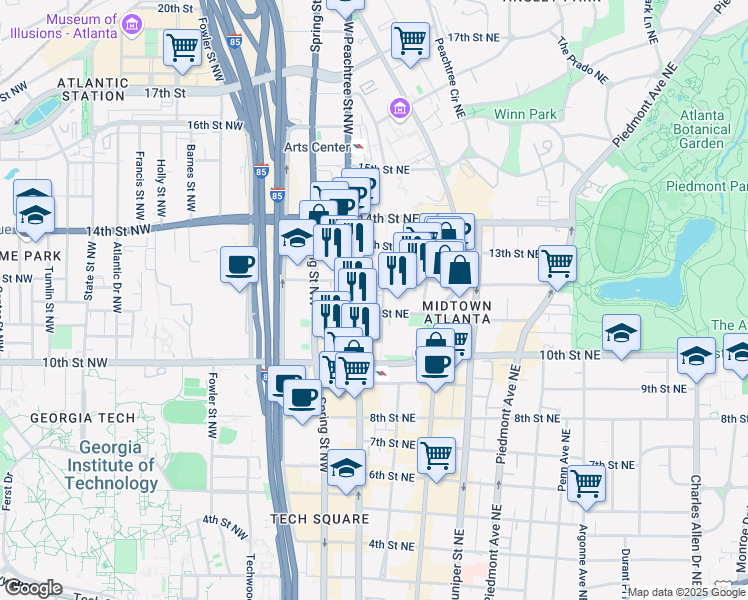 map of restaurants, bars, coffee shops, grocery stores, and more near in Atlanta