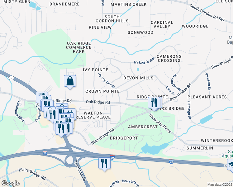map of restaurants, bars, coffee shops, grocery stores, and more near 6615 Ivy Log Drive Southwest in Austell