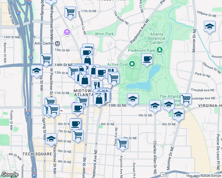 map of restaurants, bars, coffee shops, grocery stores, and more near Piedmont Avenue Northeast in Atlanta