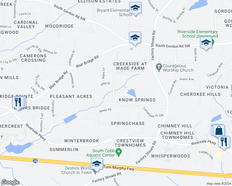 map of restaurants, bars, coffee shops, grocery stores, and more near 7037 Wade Road in Austell