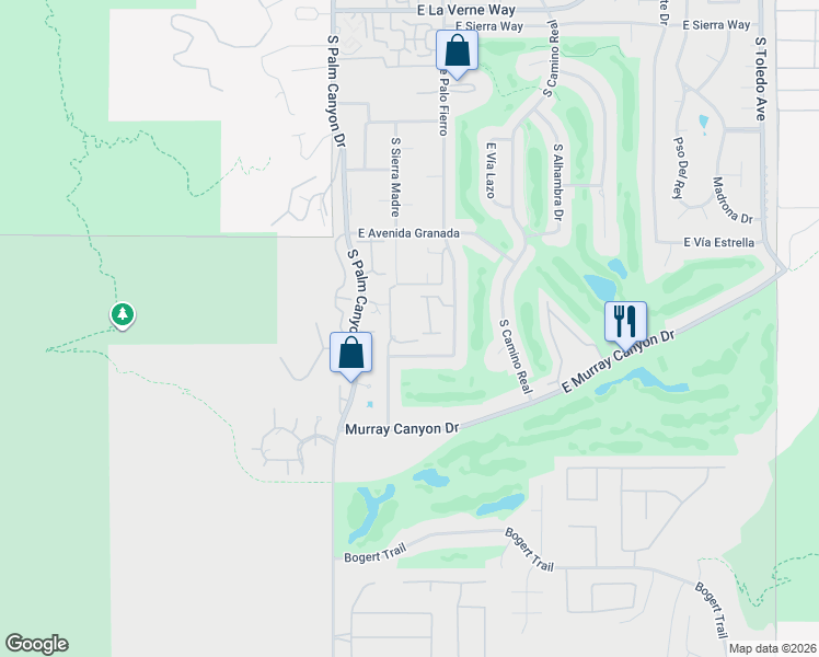 map of restaurants, bars, coffee shops, grocery stores, and more near 2617 Canyon South Drive in Palm Springs