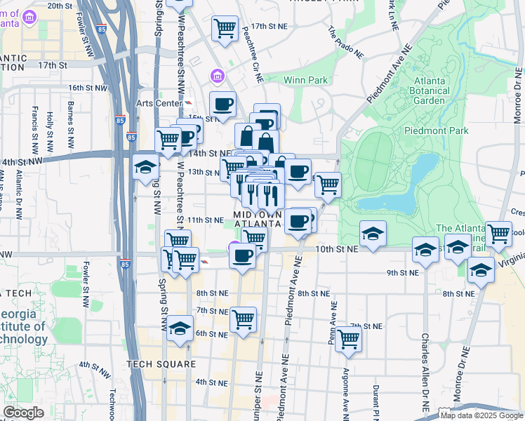 map of restaurants, bars, coffee shops, grocery stores, and more near 1075 Peachtree Street Northeast in Atlanta