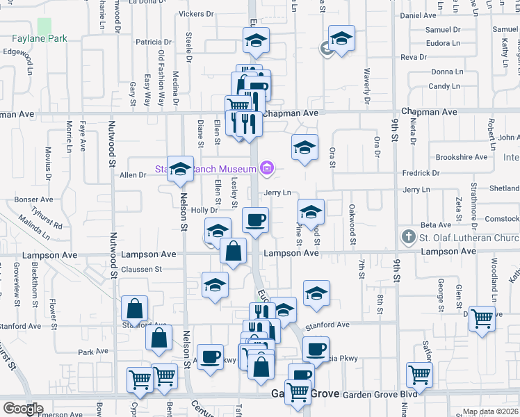 map of restaurants, bars, coffee shops, grocery stores, and more near 12332 Euclid Street in Garden Grove