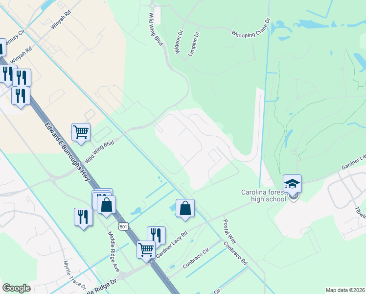 map of restaurants, bars, coffee shops, grocery stores, and more near 316 Wild Wing Boulevard in Conway