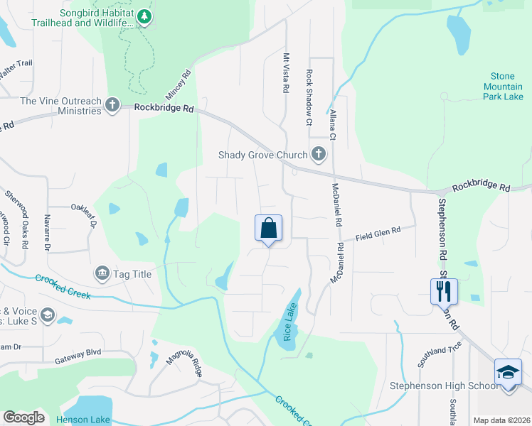 map of restaurants, bars, coffee shops, grocery stores, and more near 494 Chanterelle Drive in Stone Mountain