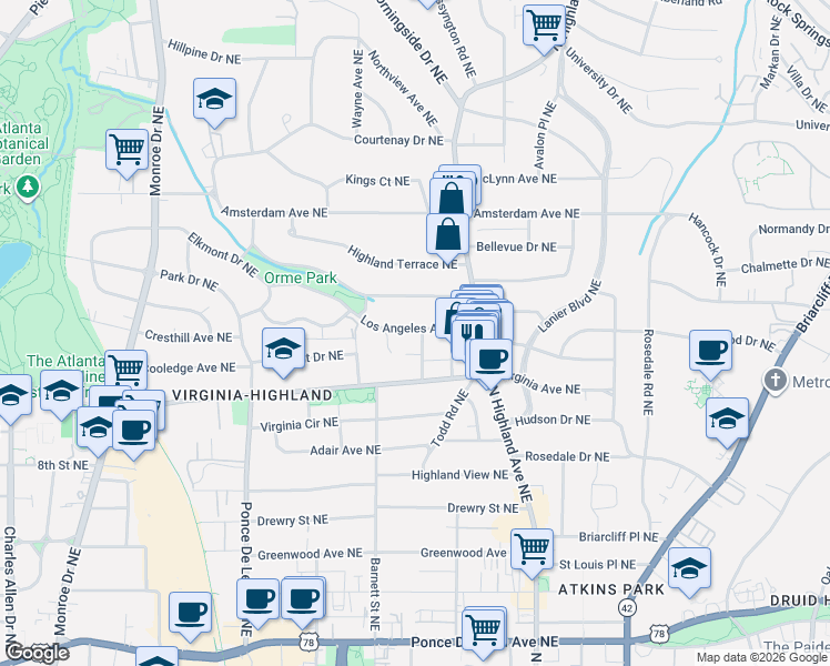 map of restaurants, bars, coffee shops, grocery stores, and more near 927 Glen Arden Way Northeast in Atlanta