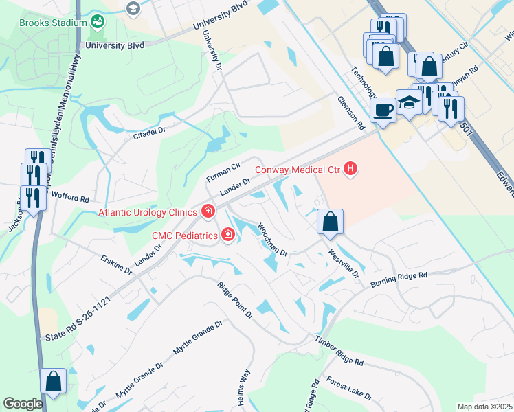 map of restaurants, bars, coffee shops, grocery stores, and more near 460 Myrtle Greens Drive in Conway