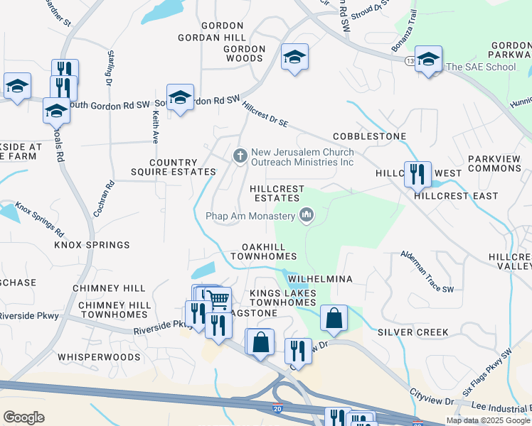 map of restaurants, bars, coffee shops, grocery stores, and more near 6991 ⛉ Bonnes Boulevard in Austell