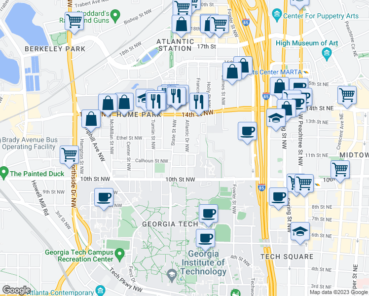 map of restaurants, bars, coffee shops, grocery stores, and more near 1064 Atlantic Drive Northwest in Atlanta