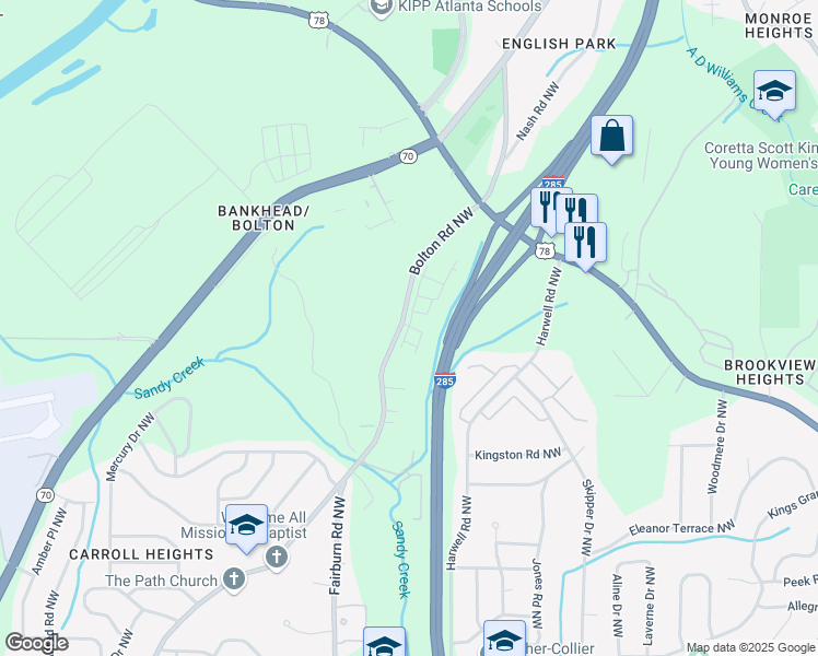 map of restaurants, bars, coffee shops, grocery stores, and more near 1051 Bolton Road Northwest in Atlanta
