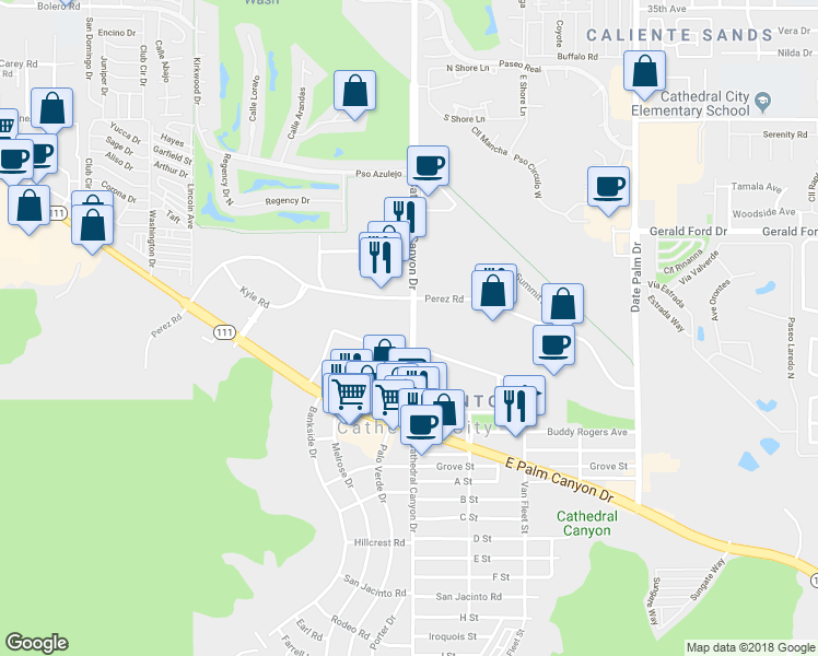 map of restaurants, bars, coffee shops, grocery stores, and more near 36500 Cathedral Canyon Drive in Cathedral City