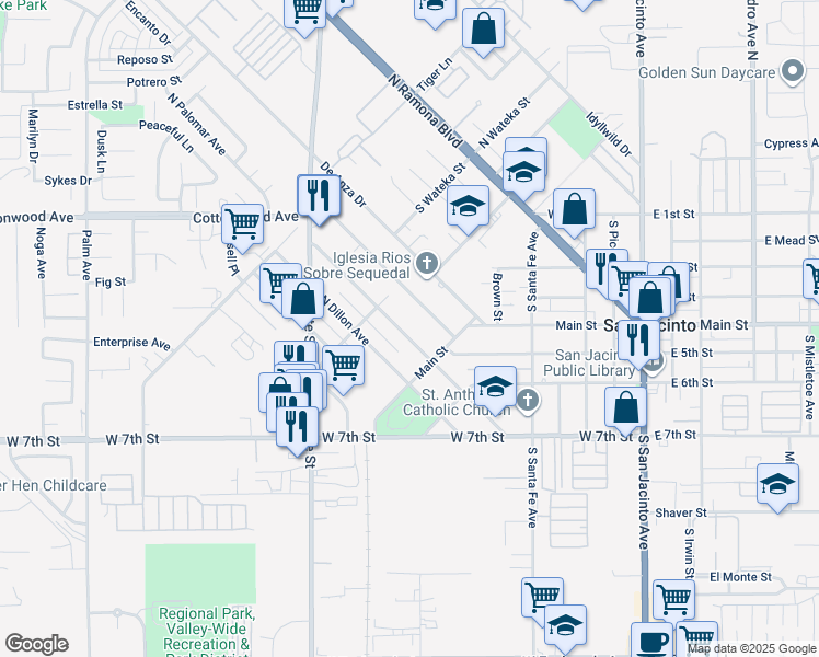 map of restaurants, bars, coffee shops, grocery stores, and more near 151 North Victoria Avenue in San Jacinto