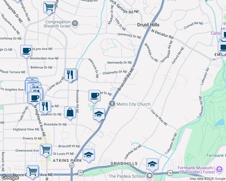 map of restaurants, bars, coffee shops, grocery stores, and more near 1335 Briarwood Drive Northeast in Atlanta