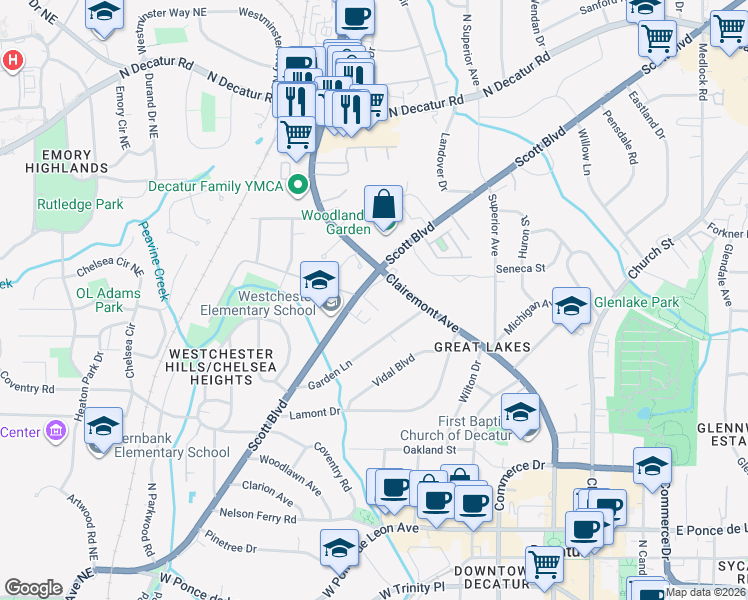 map of restaurants, bars, coffee shops, grocery stores, and more near 305 Ridley Howard Court in Decatur