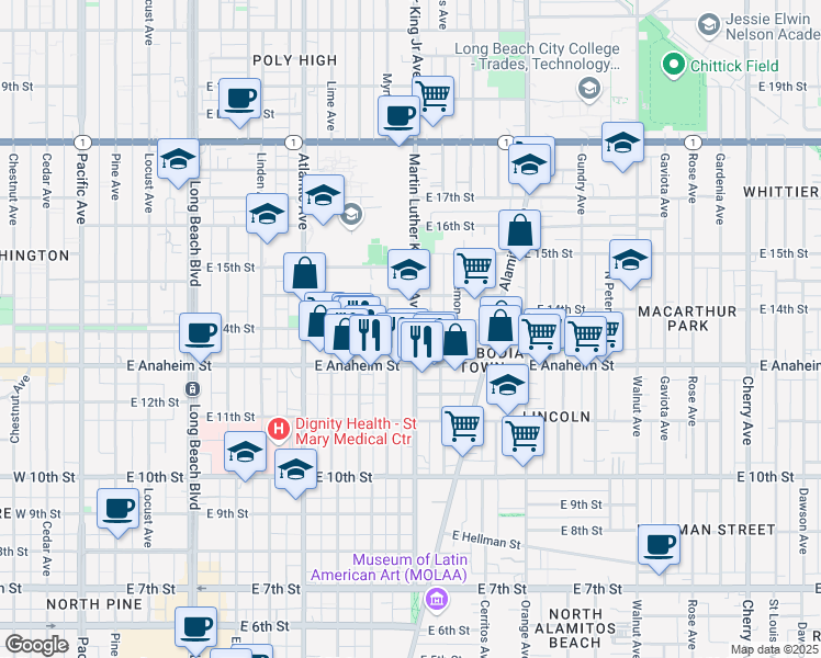 map of restaurants, bars, coffee shops, grocery stores, and more near 1001 East New York Street in Long Beach