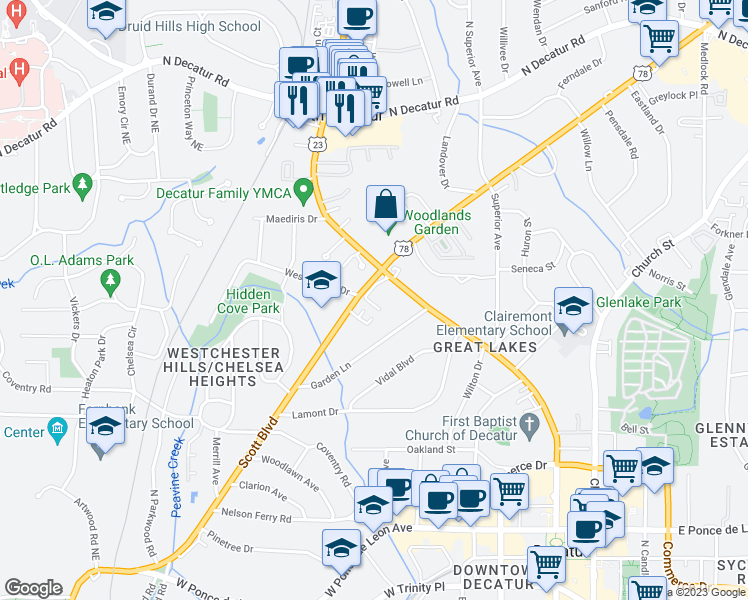 map of restaurants, bars, coffee shops, grocery stores, and more near 305 Ridley Howard Court in Decatur