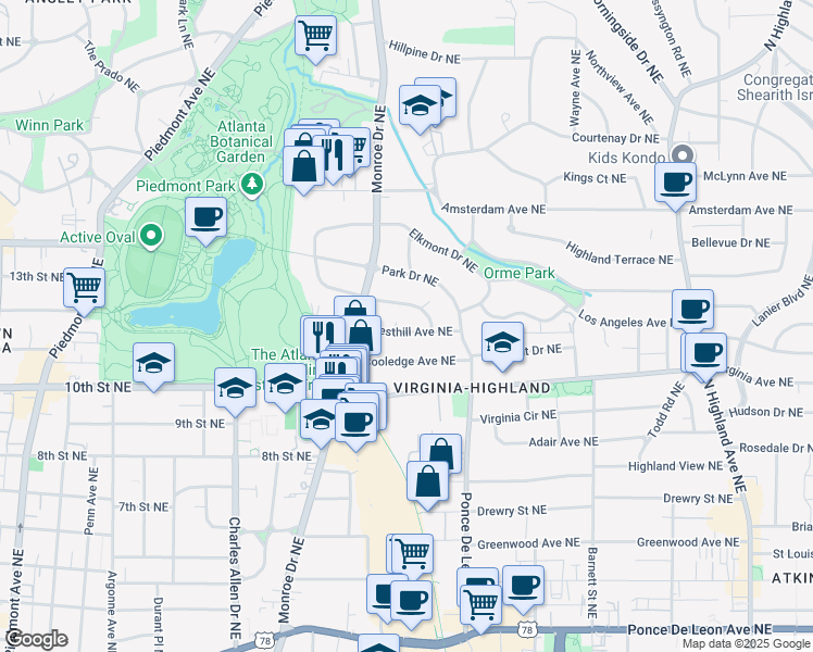 map of restaurants, bars, coffee shops, grocery stores, and more near 660 Elmwood Drive Northeast in Atlanta