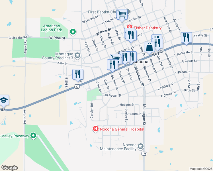 map of restaurants, bars, coffee shops, grocery stores, and more near 312 Clark Street in Nocona